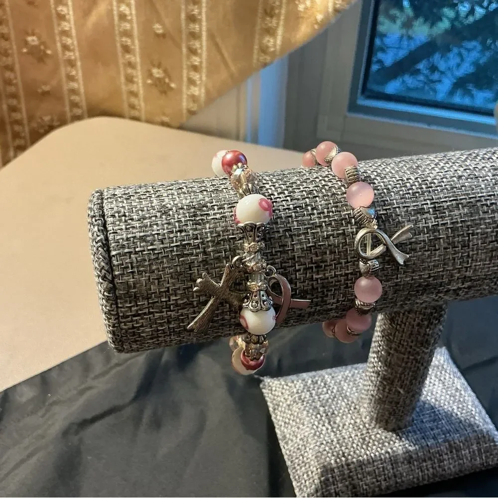 Set of 2 Breast Cancer Awareness Bracelets in Pinks and Charms